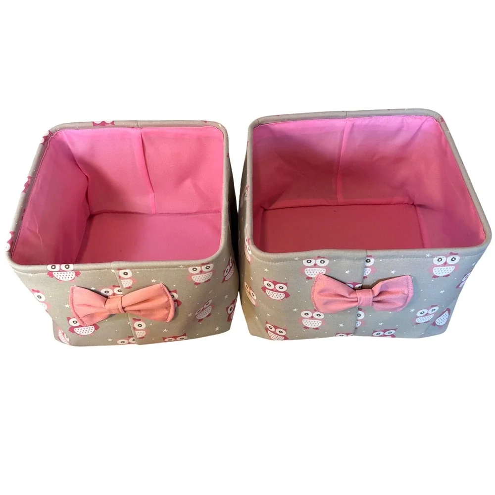 Storage Bins Set of 2 Gray Pink Owl Fabric Nursery Toy Organizers Bow Detail